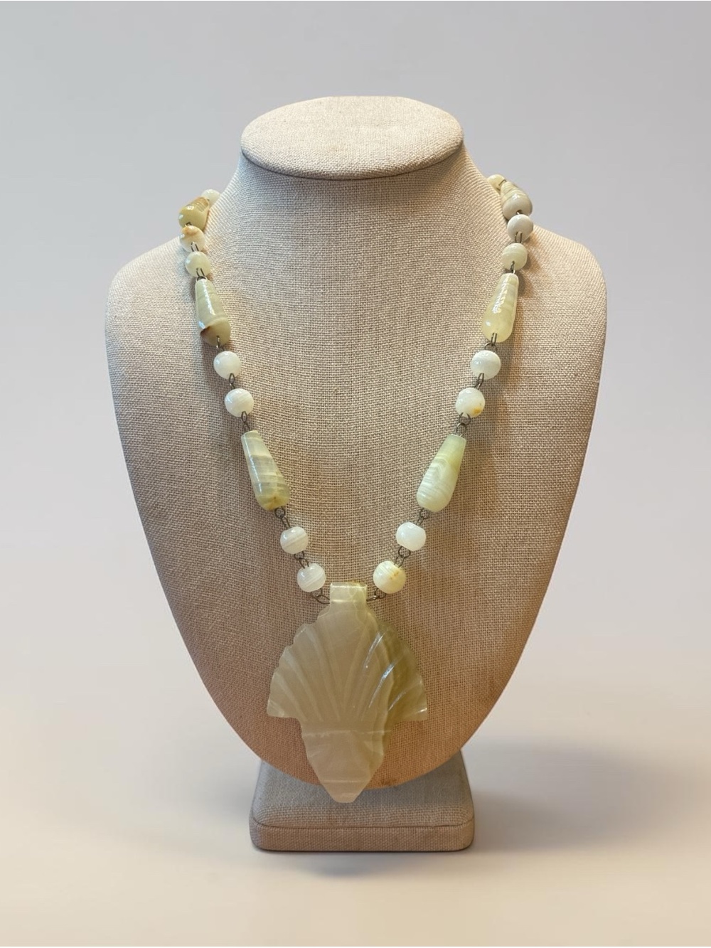 Cream Carved Face Pendant Beaded Necklace ~ 28 Inches
